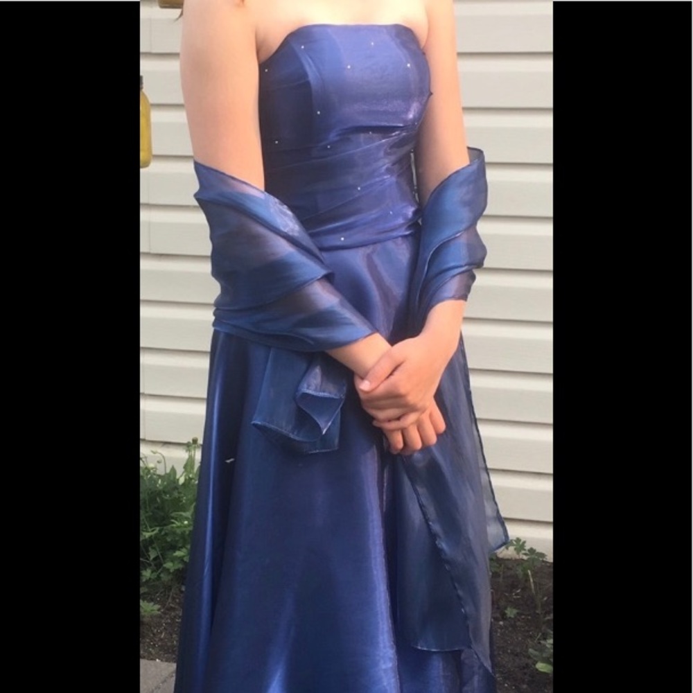 Blue chiffon 3 piece long gown from Gemini.